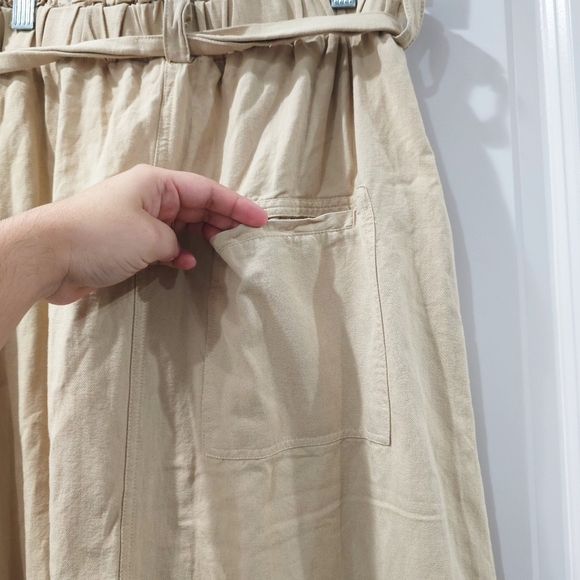 Tan Linen Cotton Blend Elastic Waist Midi Skirt, Tie Belt, Front Slit, Pockets - Picture 8 of 14